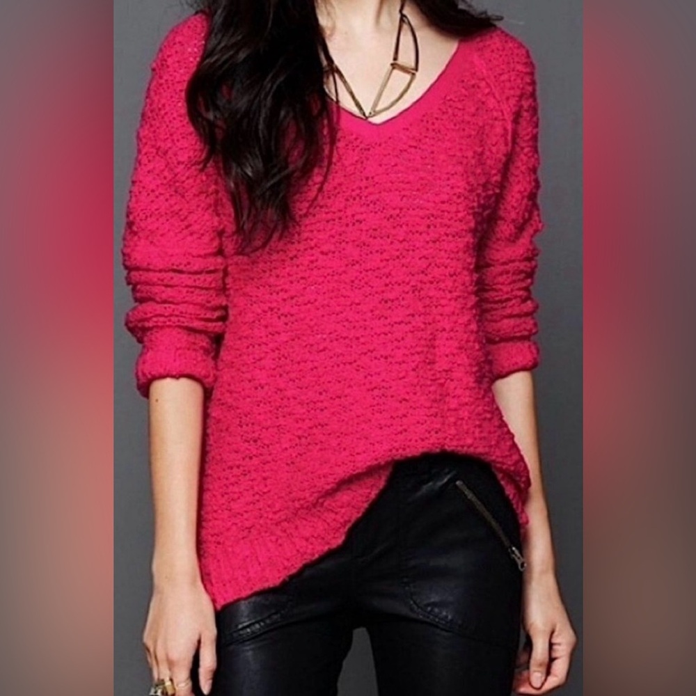 Free People Boucle Songbird V-Neck Sweater Fuschia SM Preppy Casual